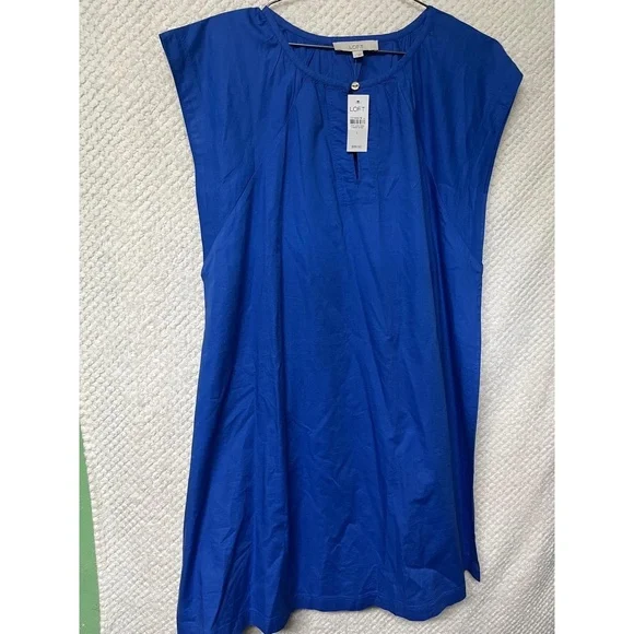 LOFT Royal Blue Flutter Sleeve Split Neck Swing Dress Large Cotton Blend NWT - Picture 3 of 11